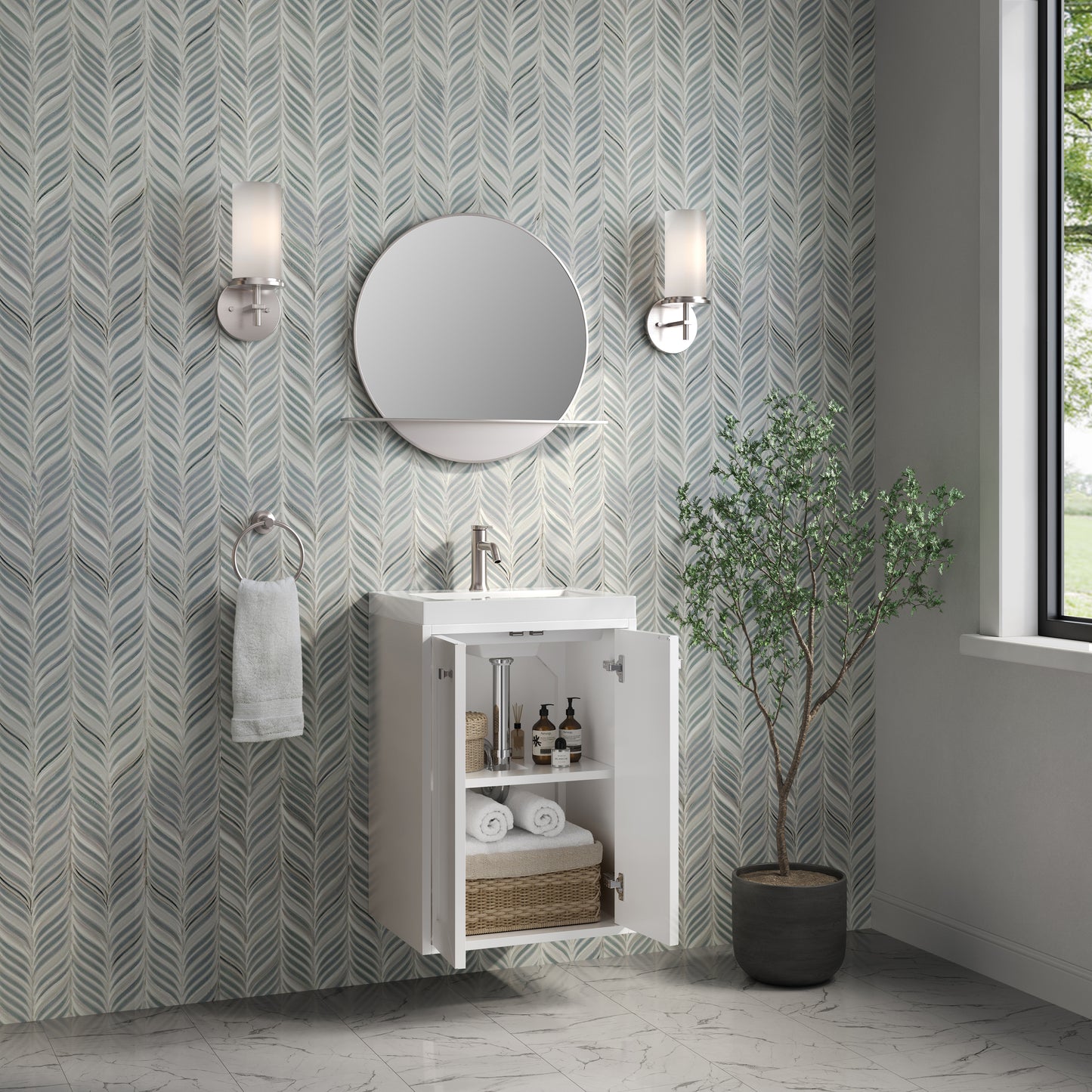 Renovate for Less Atlanta Chianti 20" Single Vanity, Glossy White, Brushed Nickel, w/ White Glossy Composite Stone Top
