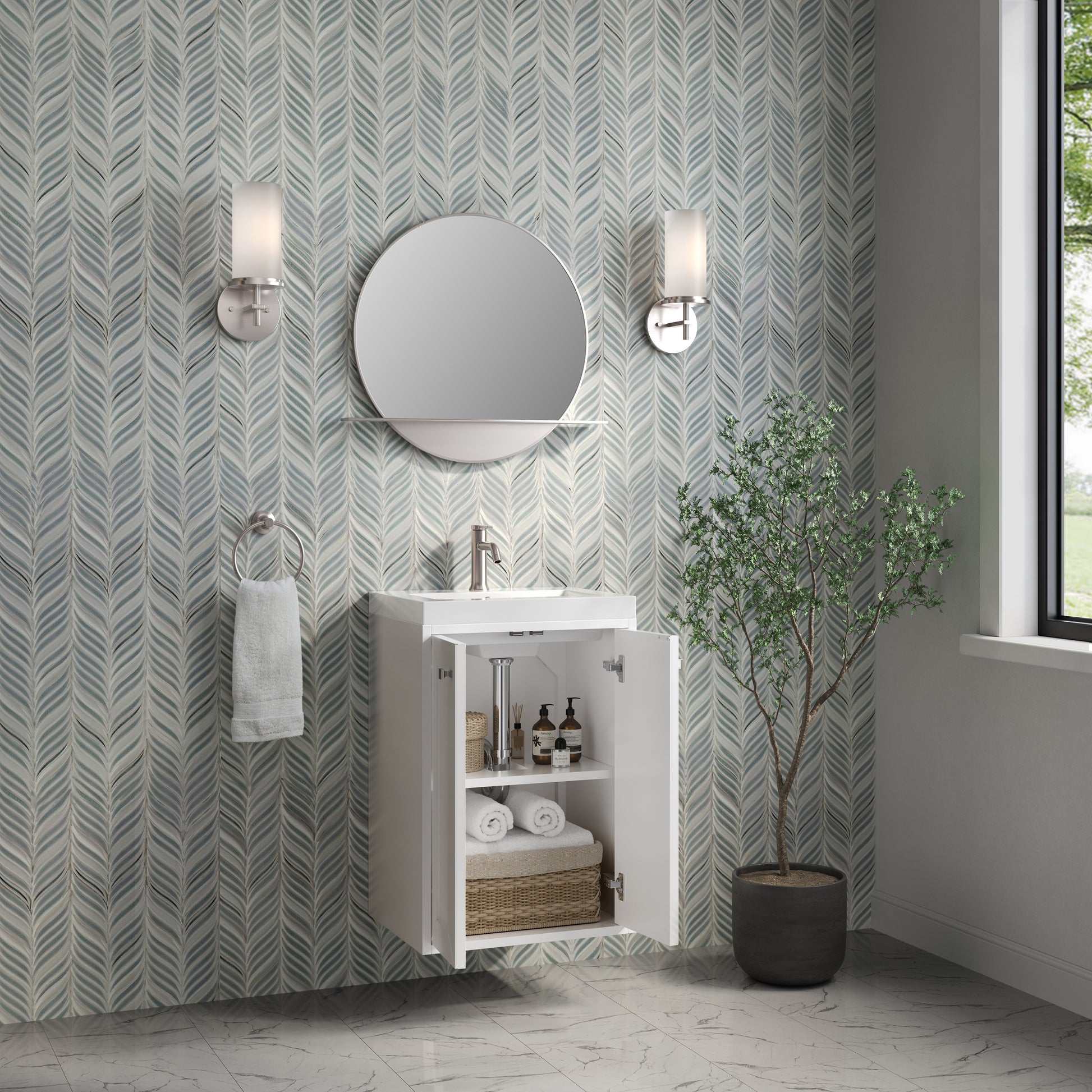 Renovate for Less Atlanta Chianti 20" Single Vanity, Glossy White, Brushed Nickel, w/ White Glossy Composite Stone Top
