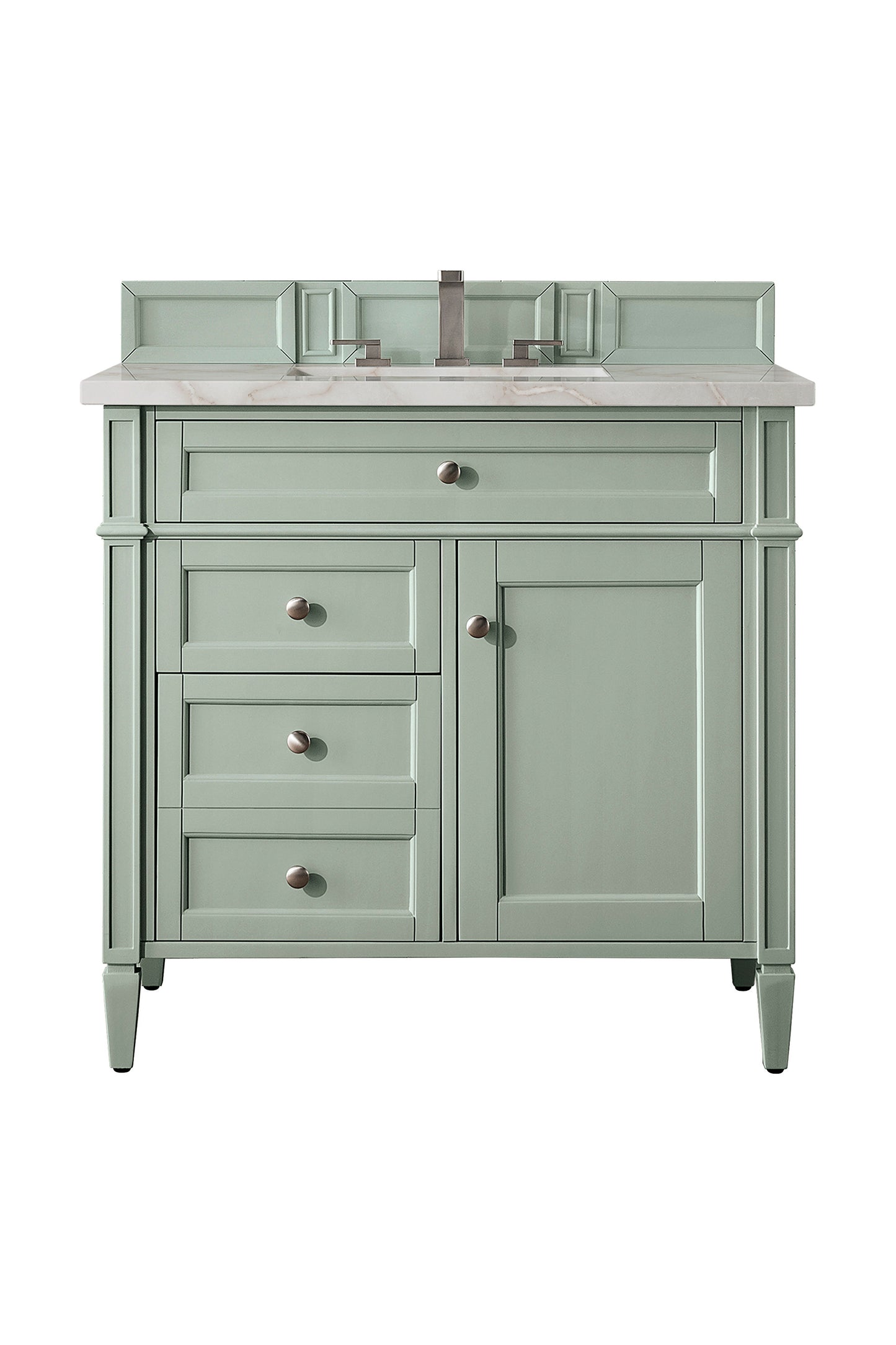 Renovate for Less Atlanta Brittany 36" Single Vanity, Sage Green w/ 3 CM Victorian Silver Silestone Top