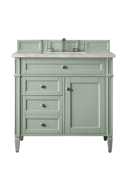 Renovate for Less Atlanta Brittany 36" Single Vanity, Sage Green w/ 3 CM Victorian Silver Silestone Top