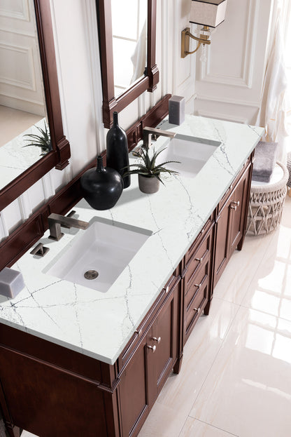 Renovate for Less Atlanta Brittany 72" Double Vanity, Burnished Mahogany w/ 3 CM Ethereal Noctis Silestone Top w/FreePower Wireless Charger