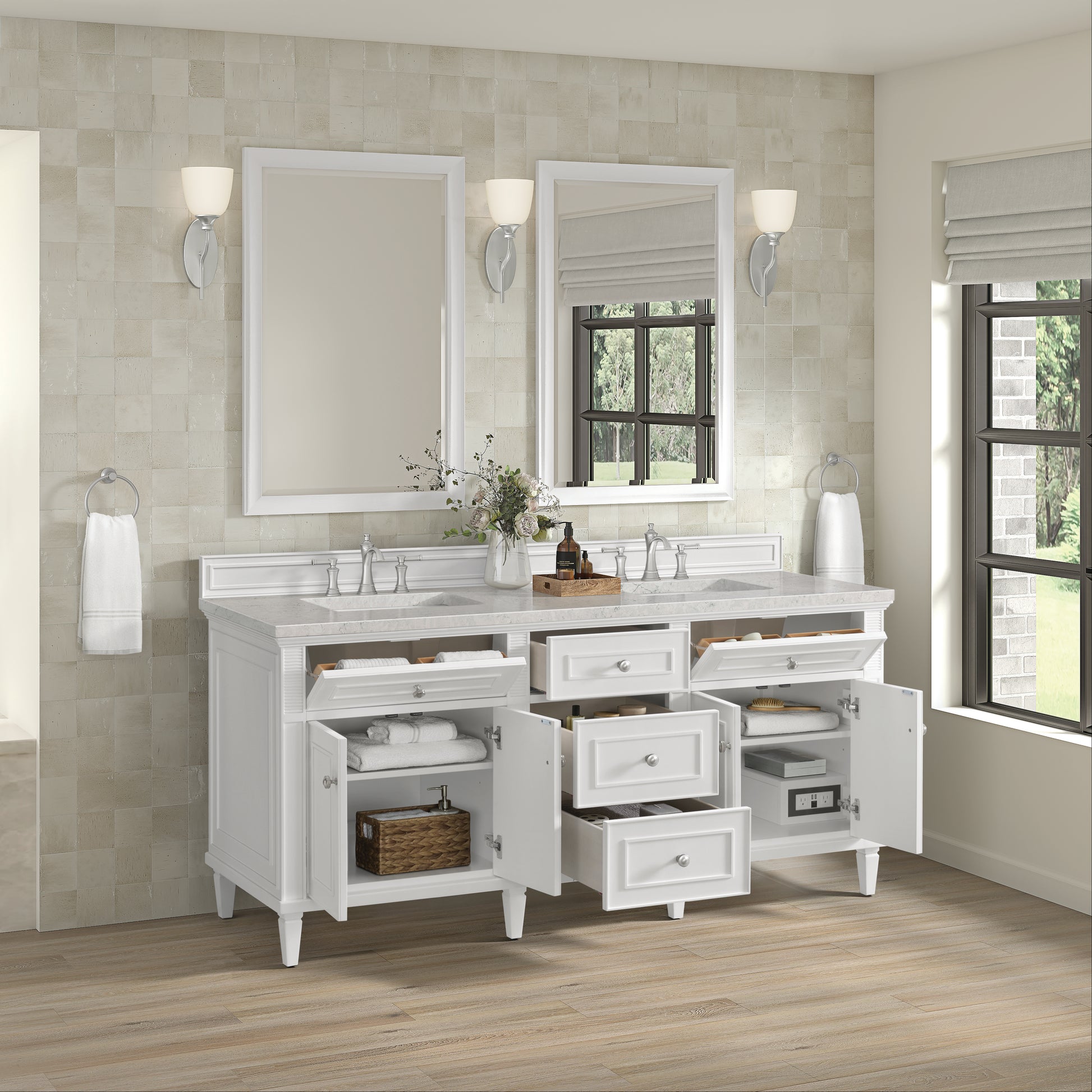 Renovate for Less Atlanta Lorelai 72" Double Vanity, Bright White w/ 3 CM Eternal Jasmine Pearl Silestone Top w/FreePower Wireless Charger