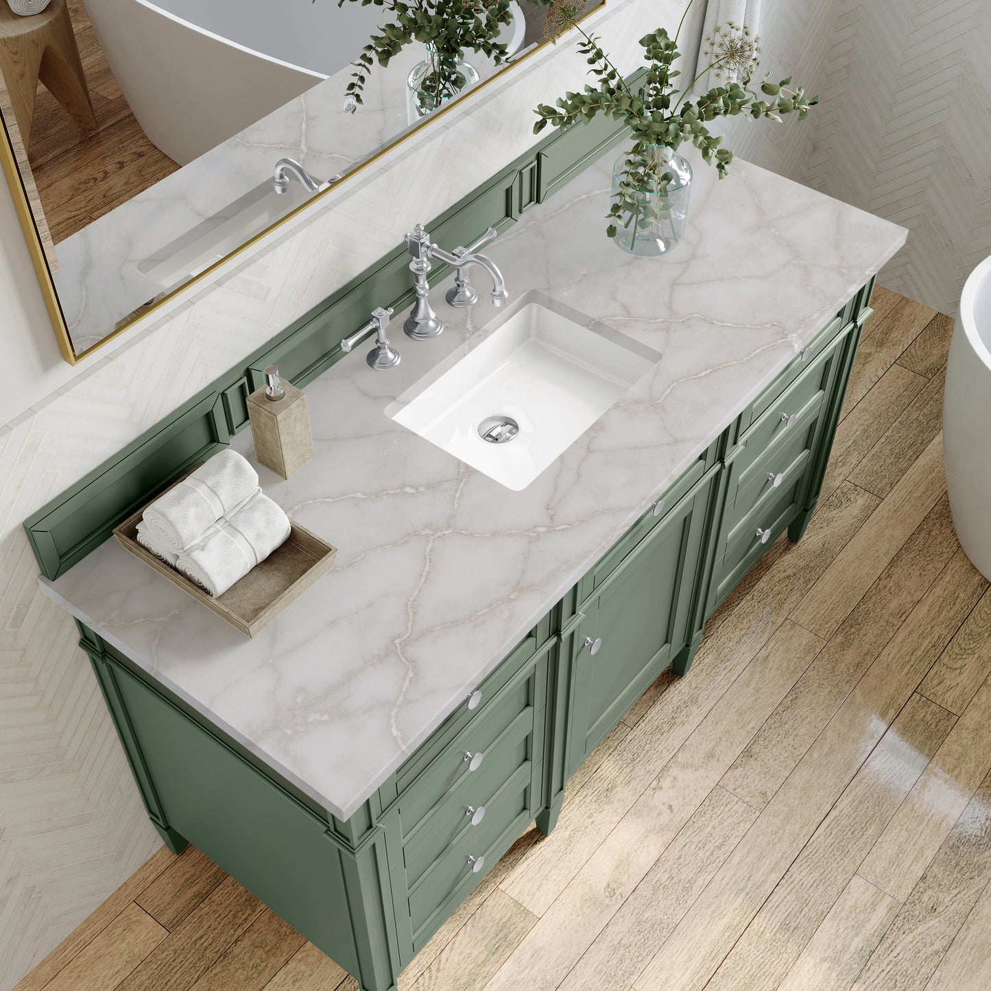 Renovate for Less Atlanta Brittany 60" Single Vanity, Smokey Celadon w/ 3 CM Victorian Silver Top