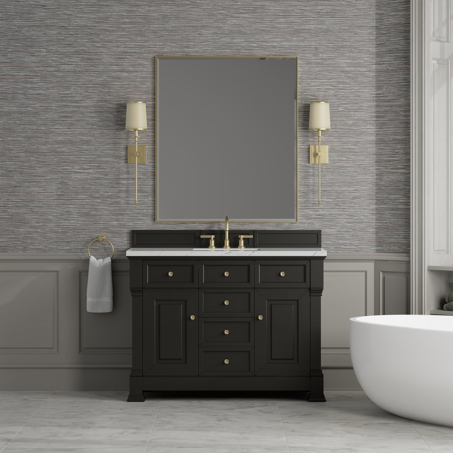 Renovate for Less Atlanta Brookfield 48" Single Vanity, Black Onyx w/ 3 CM Ethereal Noctis Silestone Top w/ FreePower Wireless Charger