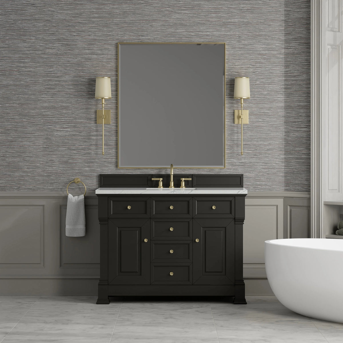Brookfield 48" Single Vanity, Black Onyx w/ 3 CM Ethereal Noctis Silestone Top w/ FreePower Wireless Charger