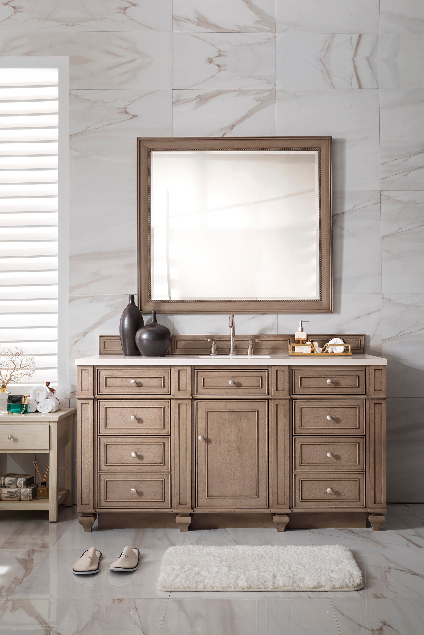 Renovate for Less Atlanta Bristol 60" Single Vanity, Whitewashed Walnut w/ 3 CM White Zeus Silestone Top