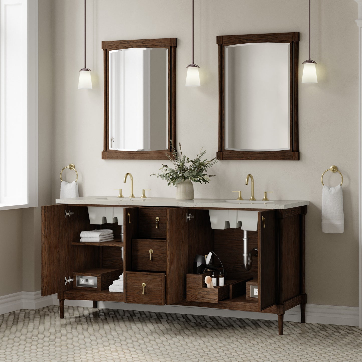 Renovate for Less Atlanta Kinnsden 72" Double Vanity, Sable Oak w/ 3 CM Siberian Silestone Top