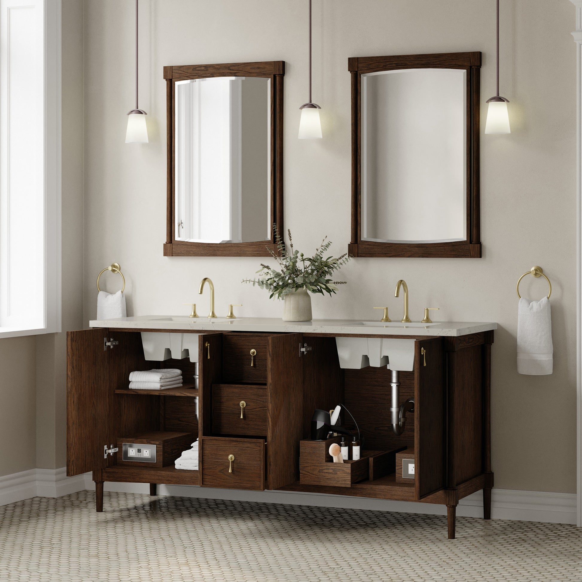 Renovate for Less Atlanta Kinnsden 72" Double Vanity, Sable Oak w/ 3 CM Siberian Silestone Top