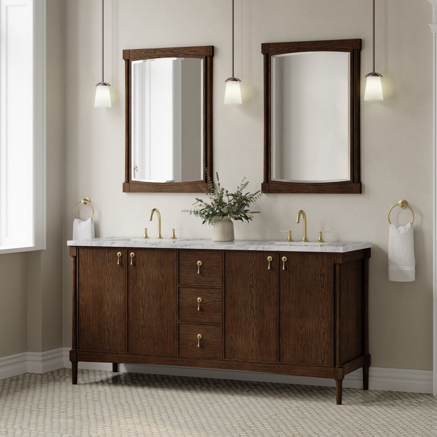 Renovate for Less Atlanta Kinnsden 72" Double Vanity, Sable Oak w/ 3 CM Carrara Marble Top