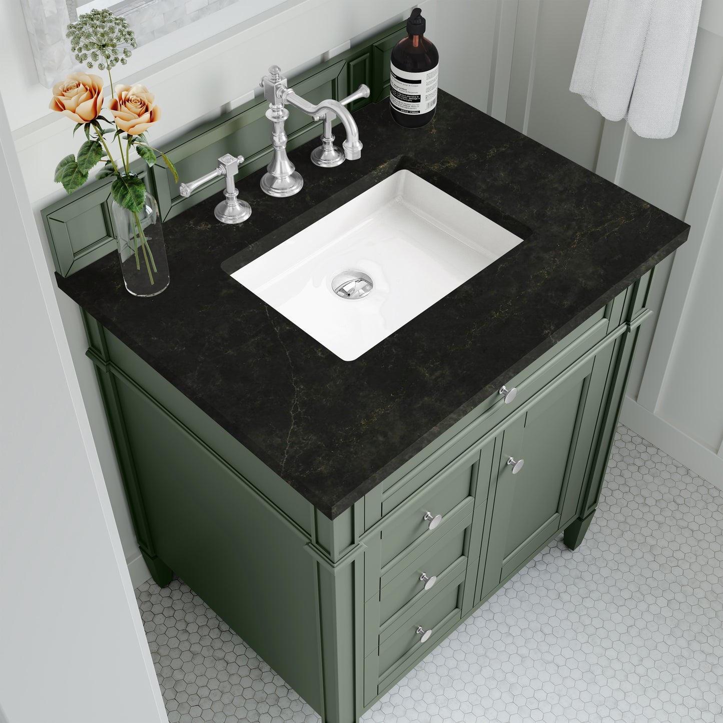 Renovate for Less Atlanta Brittany 30" Single Vanity, Smokey Celadon, w/ 3 CM Phantome Eclos Top