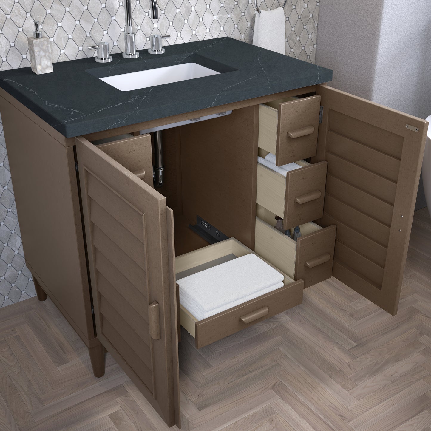 Renovate for Less Atlanta Portland 36" Single Vanity Whitewashed Walnut w/ 3 CM Charcoal Soapstone Silestone Top