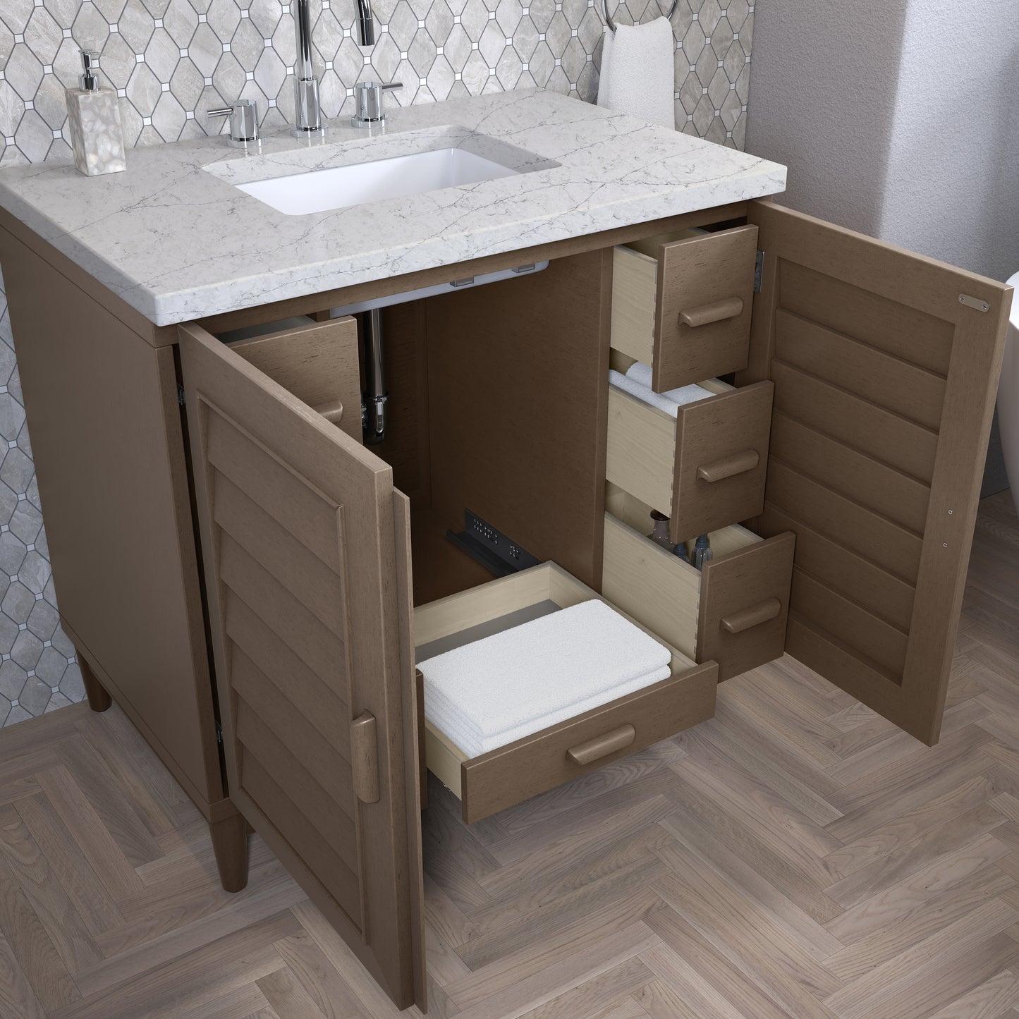 Renovate for Less Atlanta Portland 36" Single Vanity Whitewashed Walnut w/ 3 CM Eternal Jasmine Pearl Silestone Top