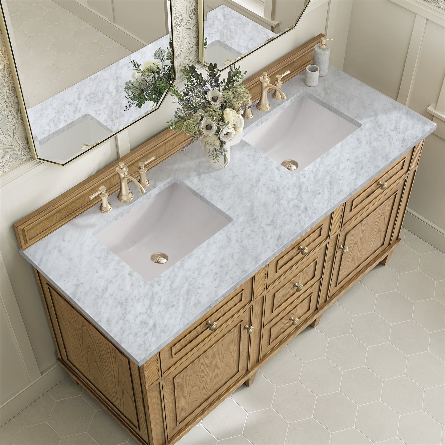 Renovate for Less Atlanta Lorelai 60" Double Vanity, Light Natural Oak w/ 3 CM Carrara White Marble Top