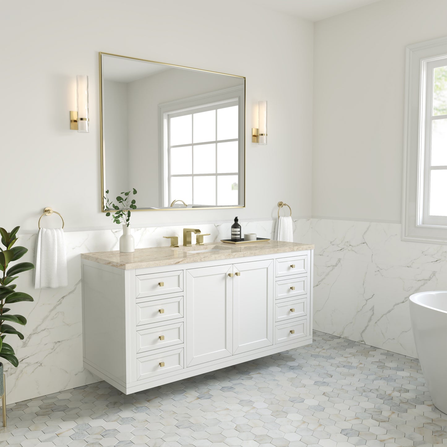 Renovate for Less Atlanta Chicago 60" Single Vanity, Glossy White, w/ 3 CM Tajnar Eclos Top w/FreePower Wireless Charger