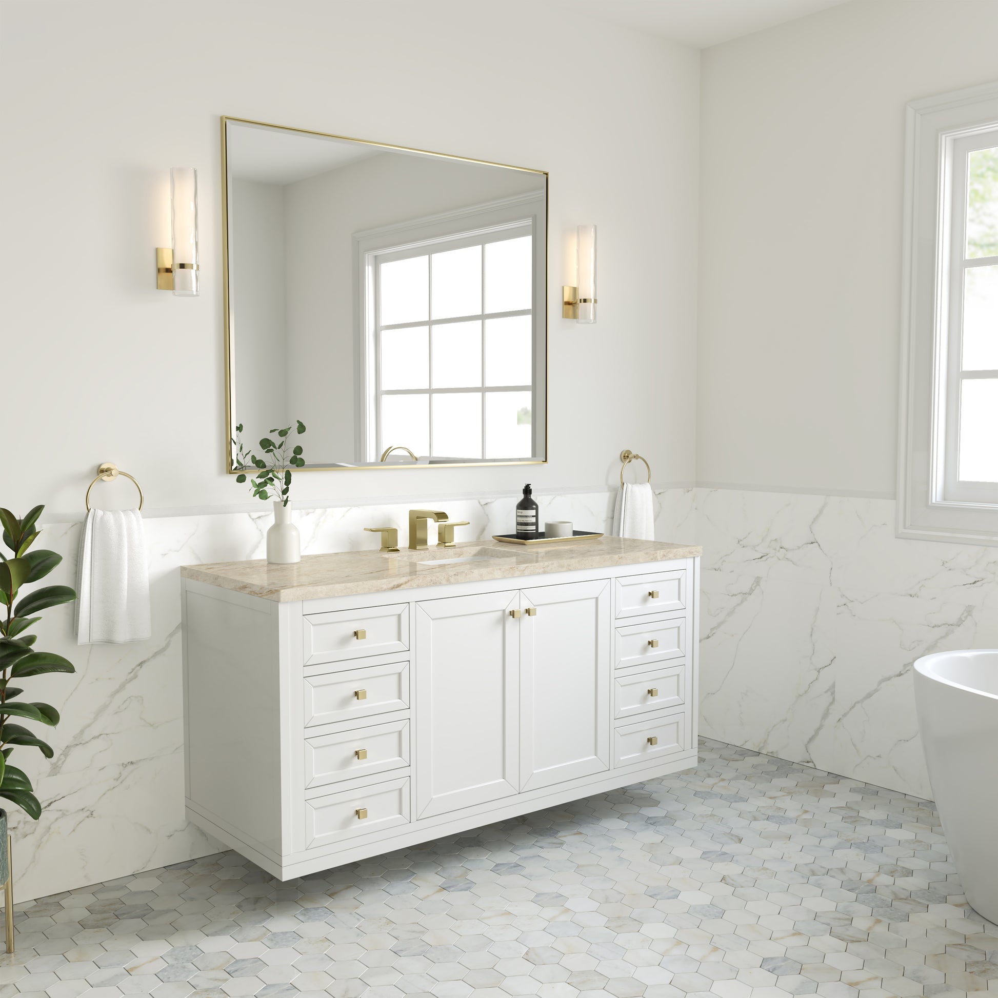 Renovate for Less Atlanta Chicago 60" Single Vanity, Glossy White, w/ 3 CM Tajnar Eclos Top w/FreePower Wireless Charger