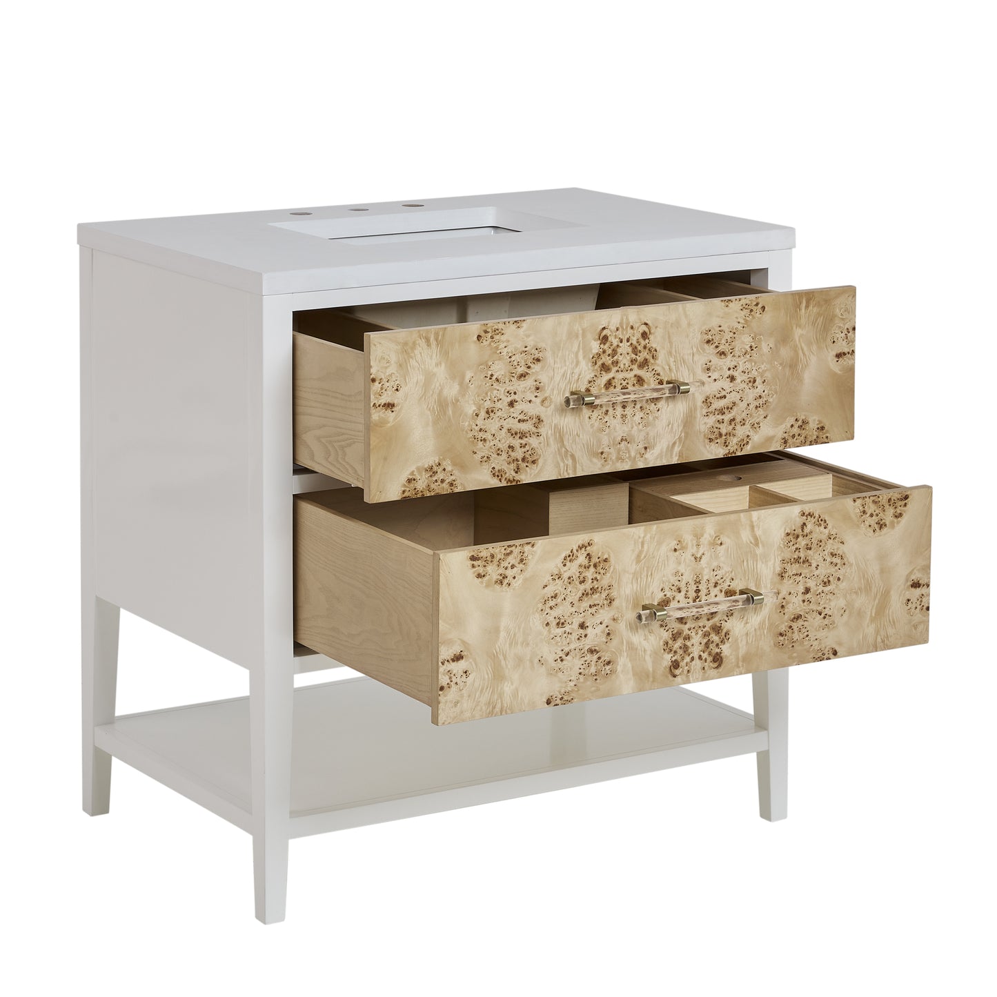 Renovate for Less Atlanta Olena 36" Single Vanity, Light Mappa Burl and Polished White, w/ 3 CM Tajnar Eclos Top