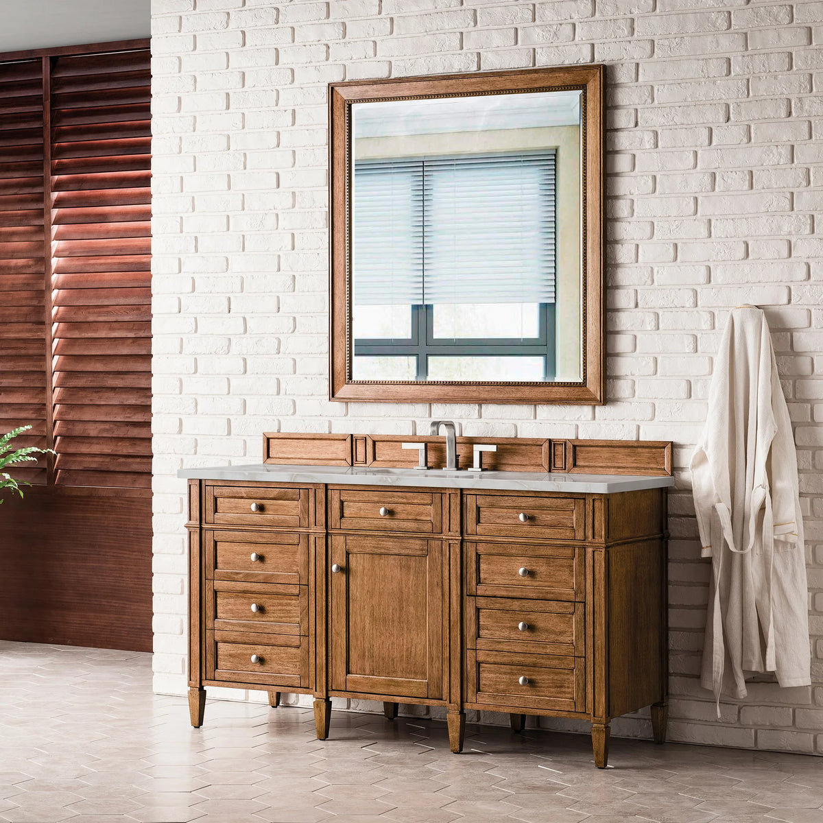 Brittany 60" Single Vanity, Saddle Brown w/ 3 CM Victorian Silver Silestone Top w/FreePower Wireless Charger