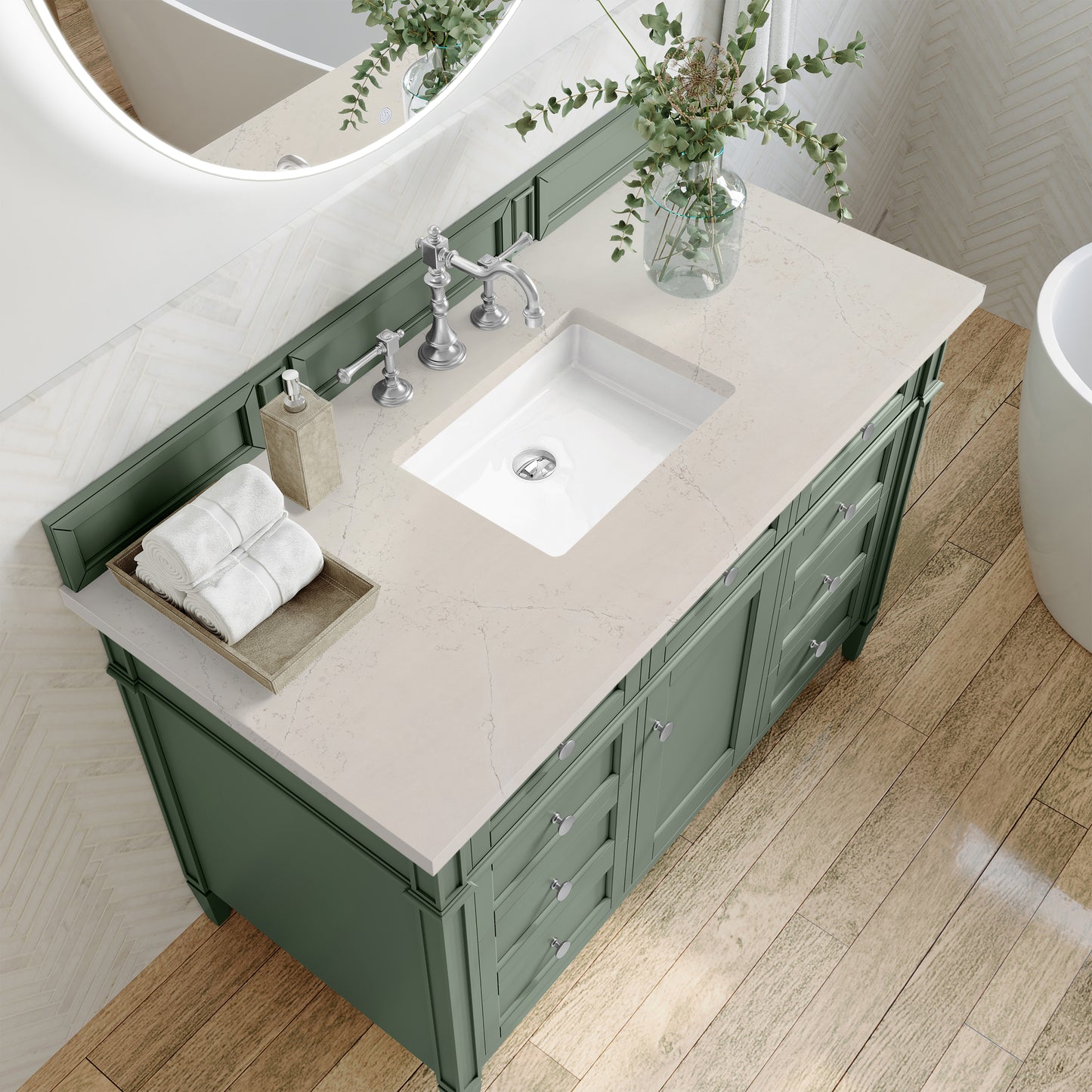 Renovate for Less Atlanta Brittany 48" Single Vanity, Smokey Celadon, w/ 3 CM Siberian Silestone Top