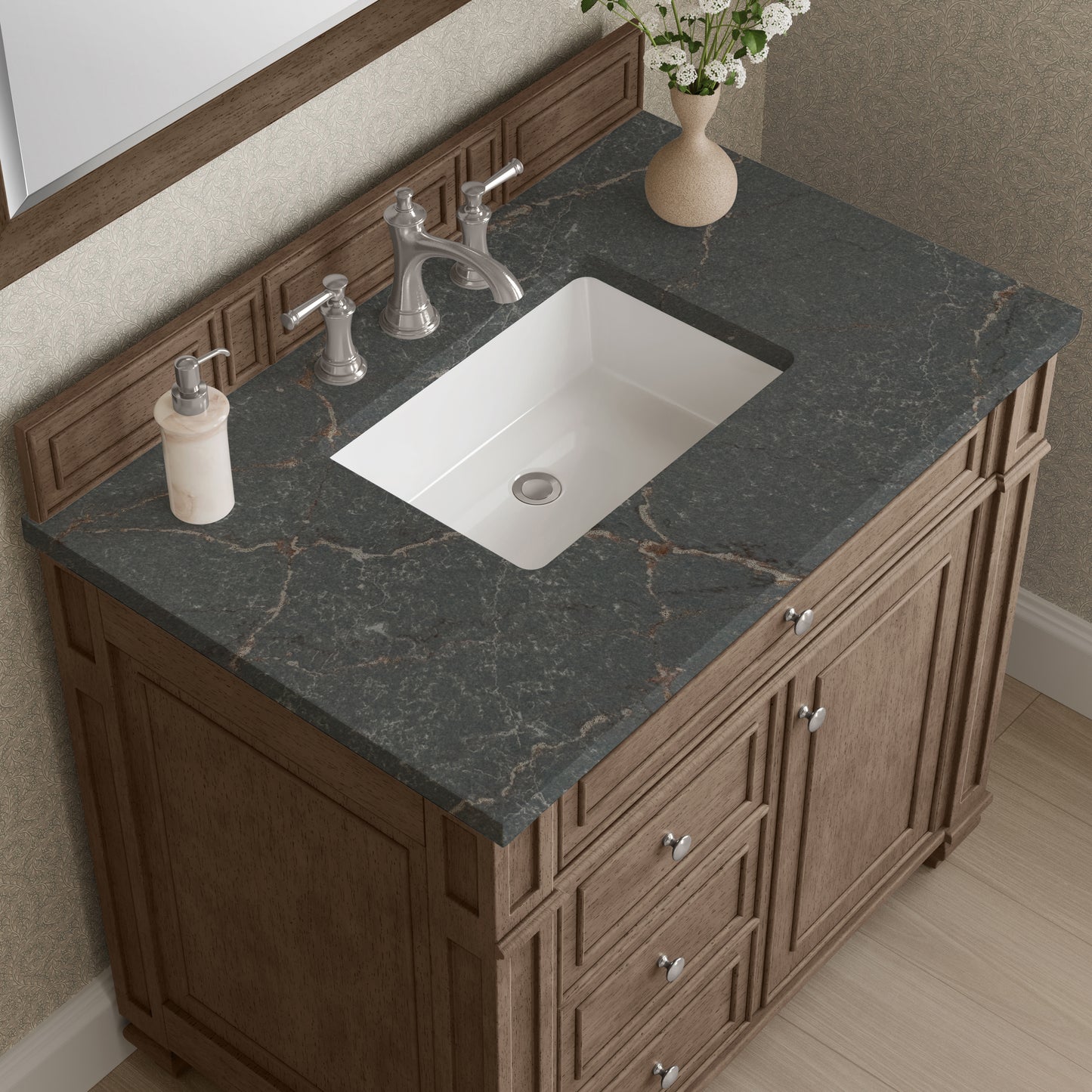 Renovate for Less Atlanta Bristol 36" Single Vanity, Whitewashed Walnut w/ 3 CM Parisien Bleu Silestone Top