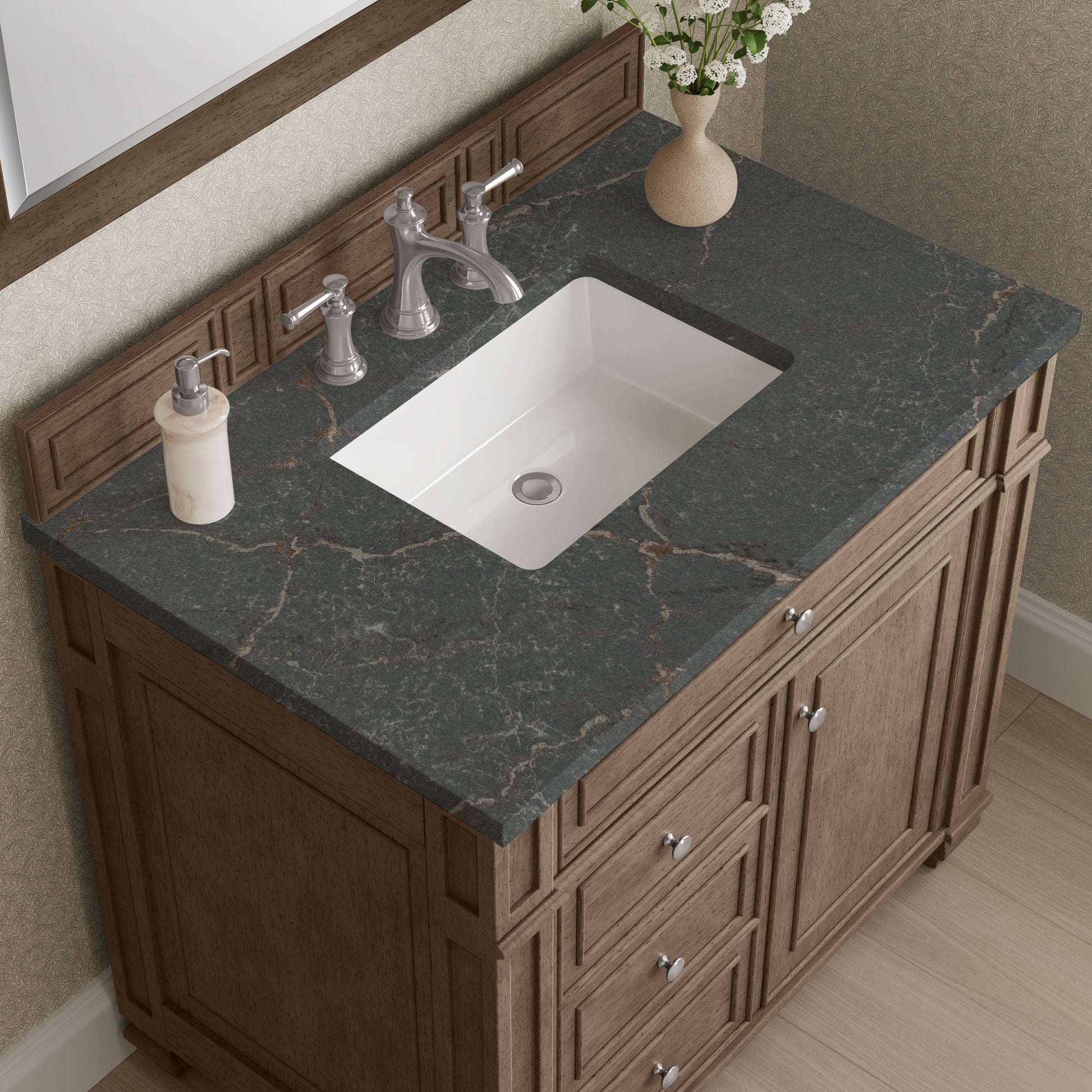 Renovate for Less Atlanta Bristol 36" Single Vanity, Whitewashed Walnut w/ 3 CM Parisien Bleu Silestone Top