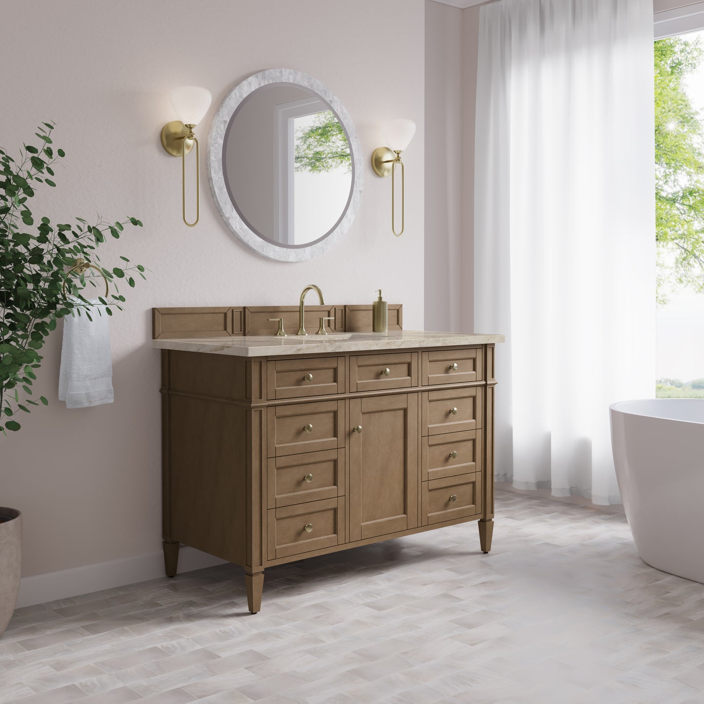 Renovate for Less Atlanta Brittany 48" Single Vanity, Pecan w/ 3 CM Tajnar Eclos Top w/FreePower Wireless Charger