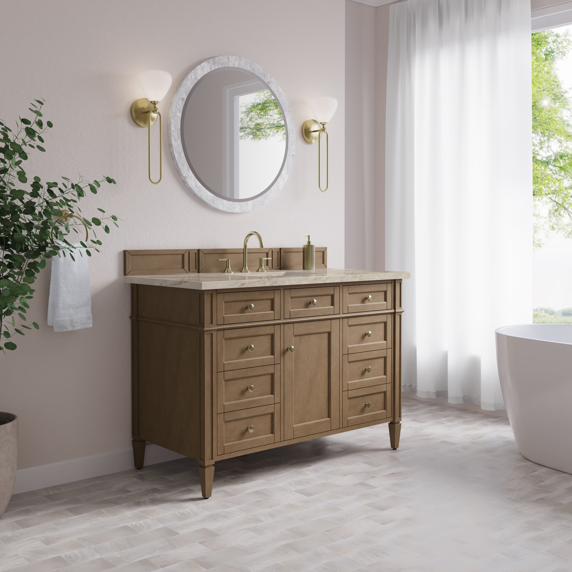 Renovate for Less Atlanta Brittany 48" Single Vanity, Pecan w/ 3 CM Tajnar Eclos Top w/FreePower Wireless Charger