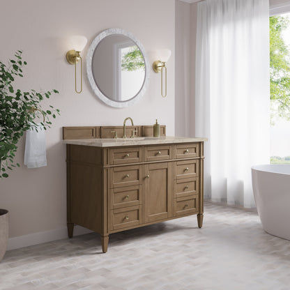 Renovate for Less Atlanta Brittany 48" Single Vanity, Pecan w/ 3 CM Tajnar Eclos Top w/FreePower Wireless Charger
