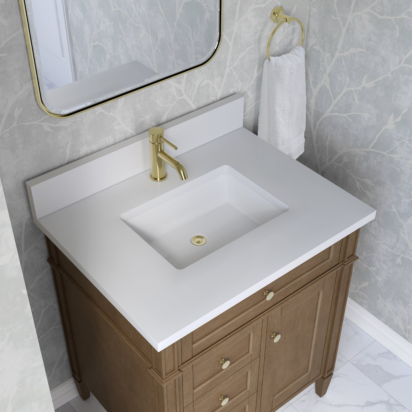 Renovate for Less Atlanta Brittany 30" Single Vanity, Pecan w/ Single Hole 3 CM White Zeus Silestone Top and Matching Backsplash