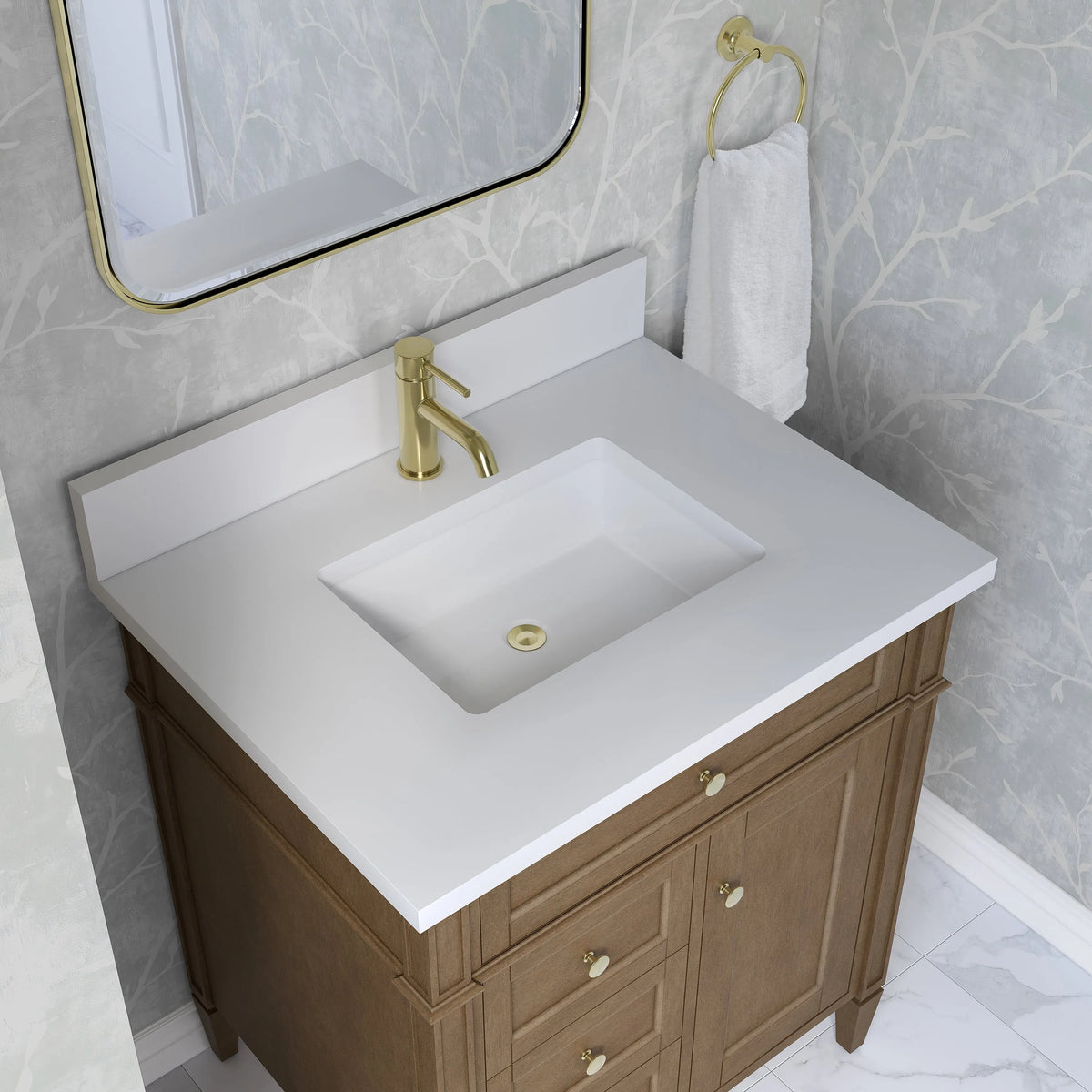 Brittany 30" Single Vanity, Pecan w/ Single Hole 3 CM White Zeus Silestone Top and Matching Backsplash