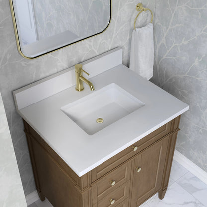 Brittany 30" Single Vanity, Pecan w/ Single Hole 3 CM White Zeus Silestone Top and Matching Backsplash