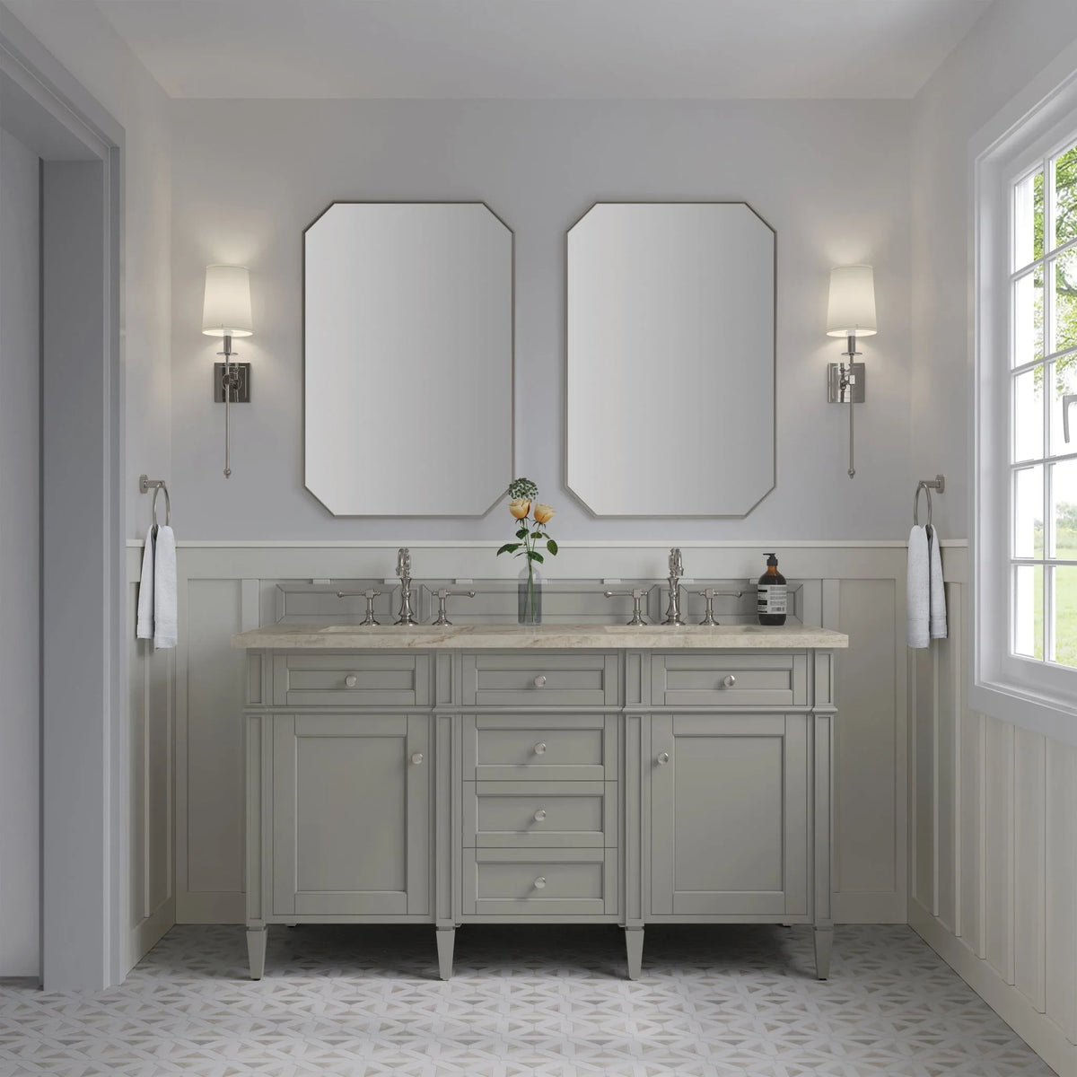 Brittany 60" Double Vanity, Urban Gray, w/ 3 CM Tajnar Eclos Top w/FreePower Wireless Charger