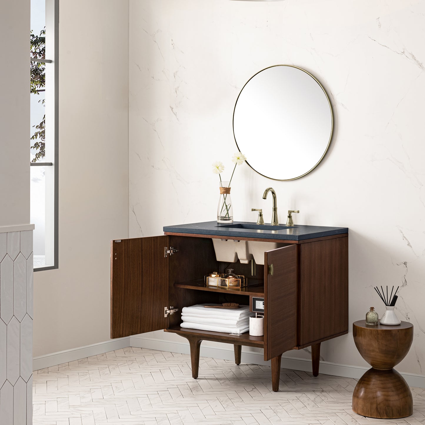 Renovate for Less Atlanta Amberly 36" Single Vanity, Mid-Century Walnut w/ 3 CM Charcoal Soapstone Top