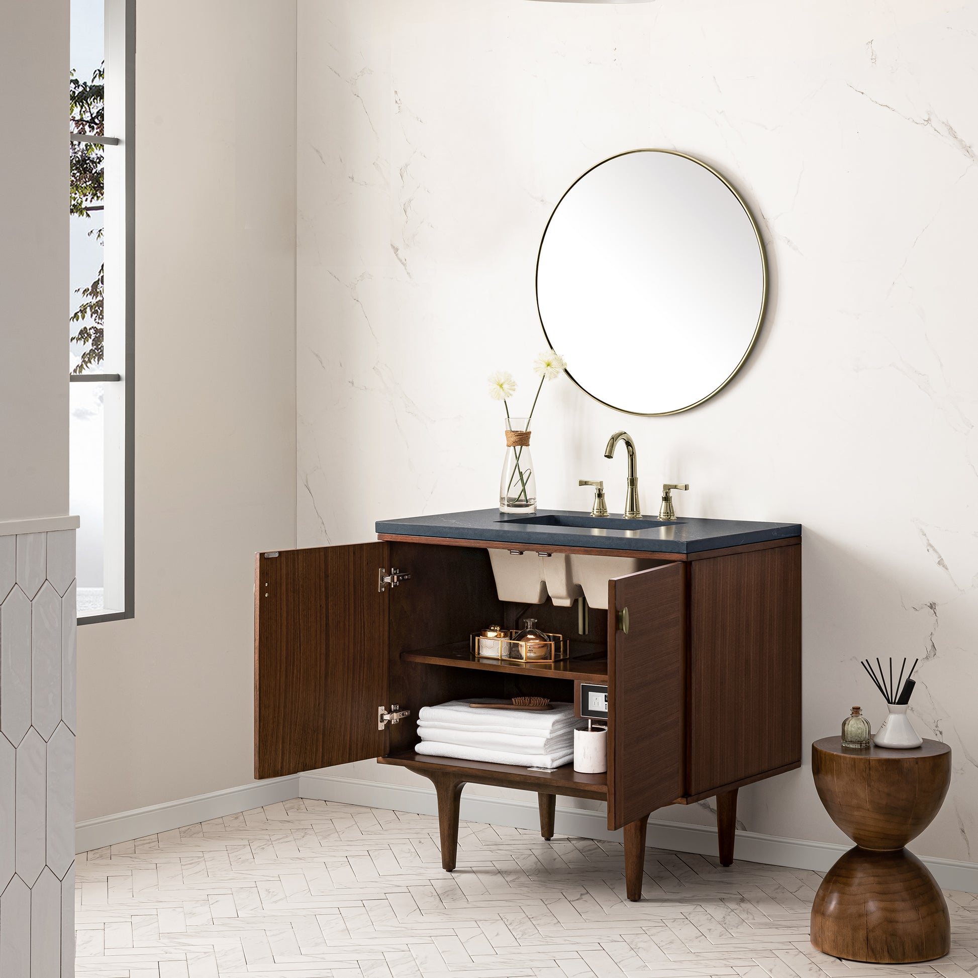 Renovate for Less Atlanta Amberly 36" Single Vanity, Mid-Century Walnut w/ 3 CM Charcoal Soapstone Top