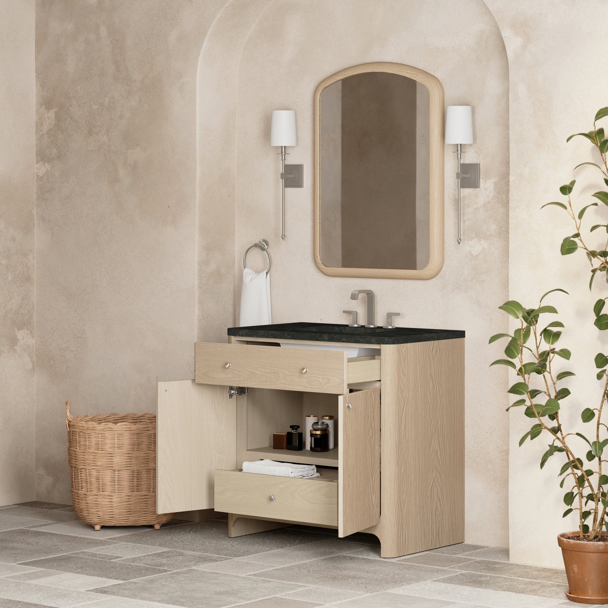 Renovate for Less Atlanta Gracyn 36" Single Vanity, Coastal Driftwood, w/ 3 CM Phantome Eclos Widespread Top