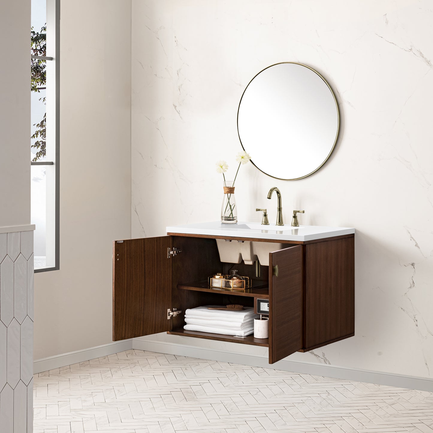 Renovate for Less Atlanta Amberly 36" Single Vanity, Mid-Century Walnut w/ 3 CM White Zeus Top