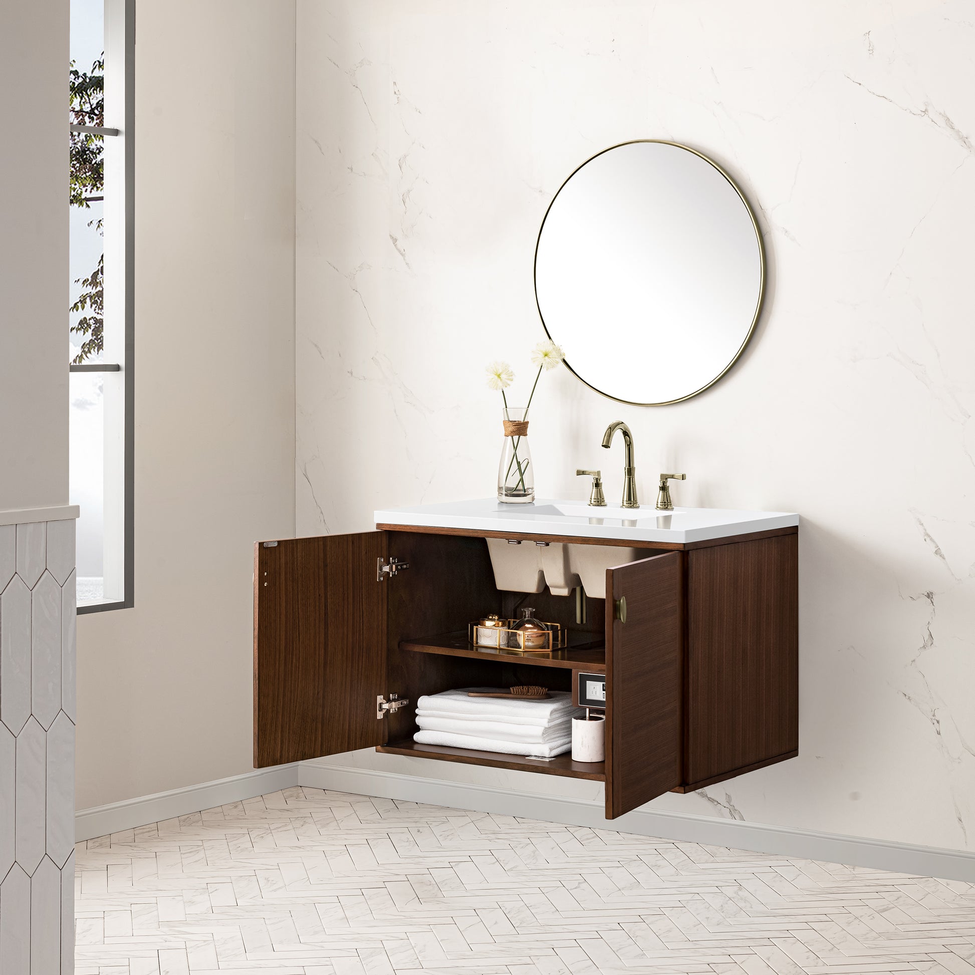 Renovate for Less Atlanta Amberly 36" Single Vanity, Mid-Century Walnut w/ 3 CM White Zeus Top