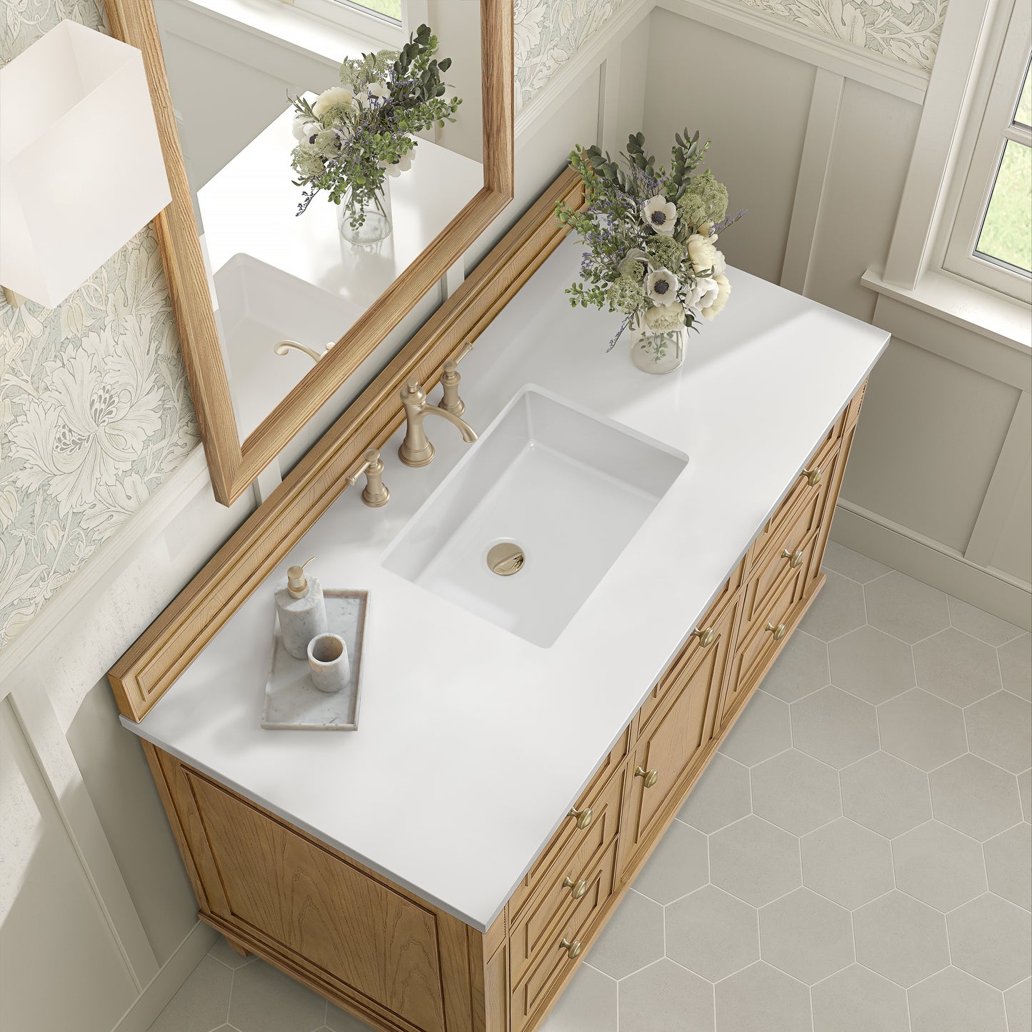 Renovate for Less Atlanta Lorelai 48" Single Vanity, Light Natural Oak w/ 3 CM White Zeus Silestone Top