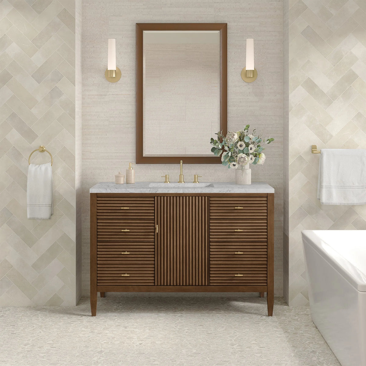 Myrrin 48" Single Vanity, Mid Century Walnut w/ 3 CM Eternal Jasmine Pearl Silestone Top