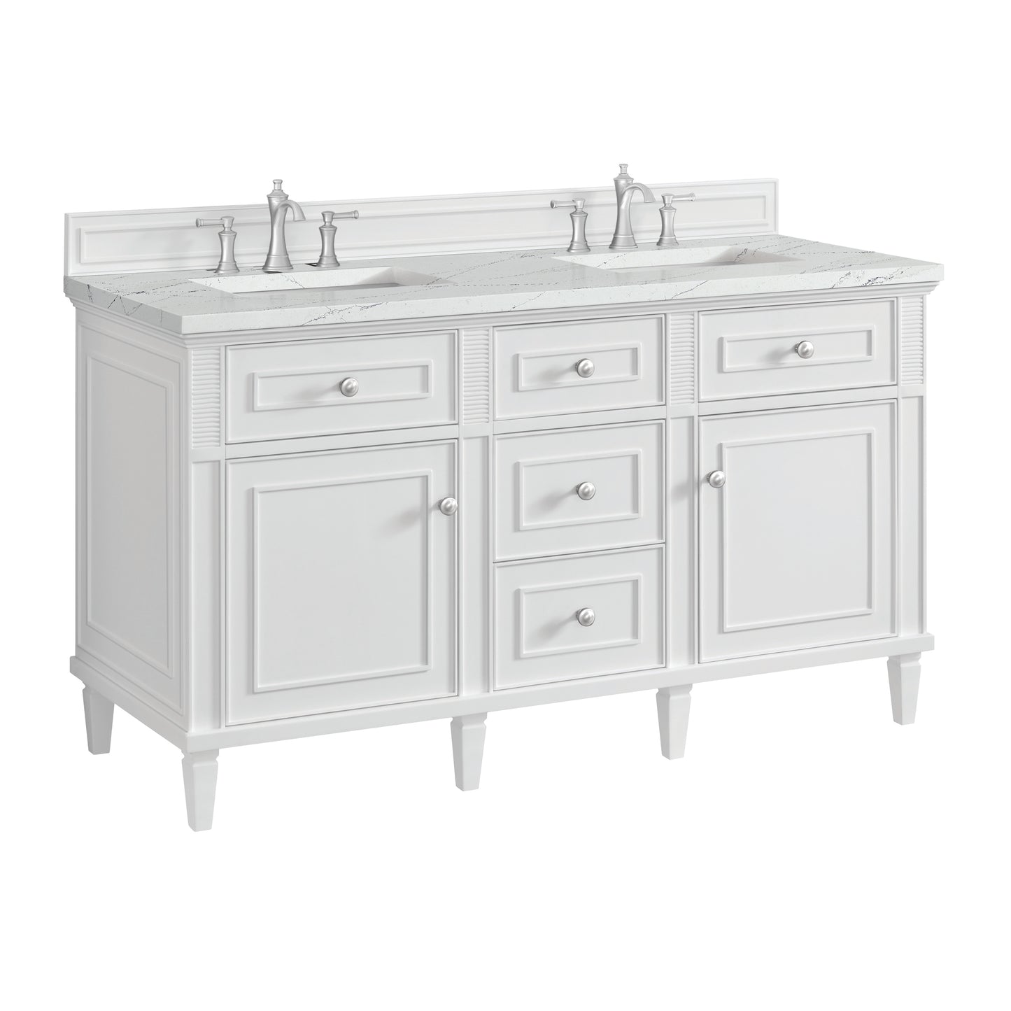 Renovate for Less Atlanta Lorelai 60" Double Vanity, Bright White w/ 3 CM Ethereal Noctis Silestone Top w/FreePower Wireless Charger