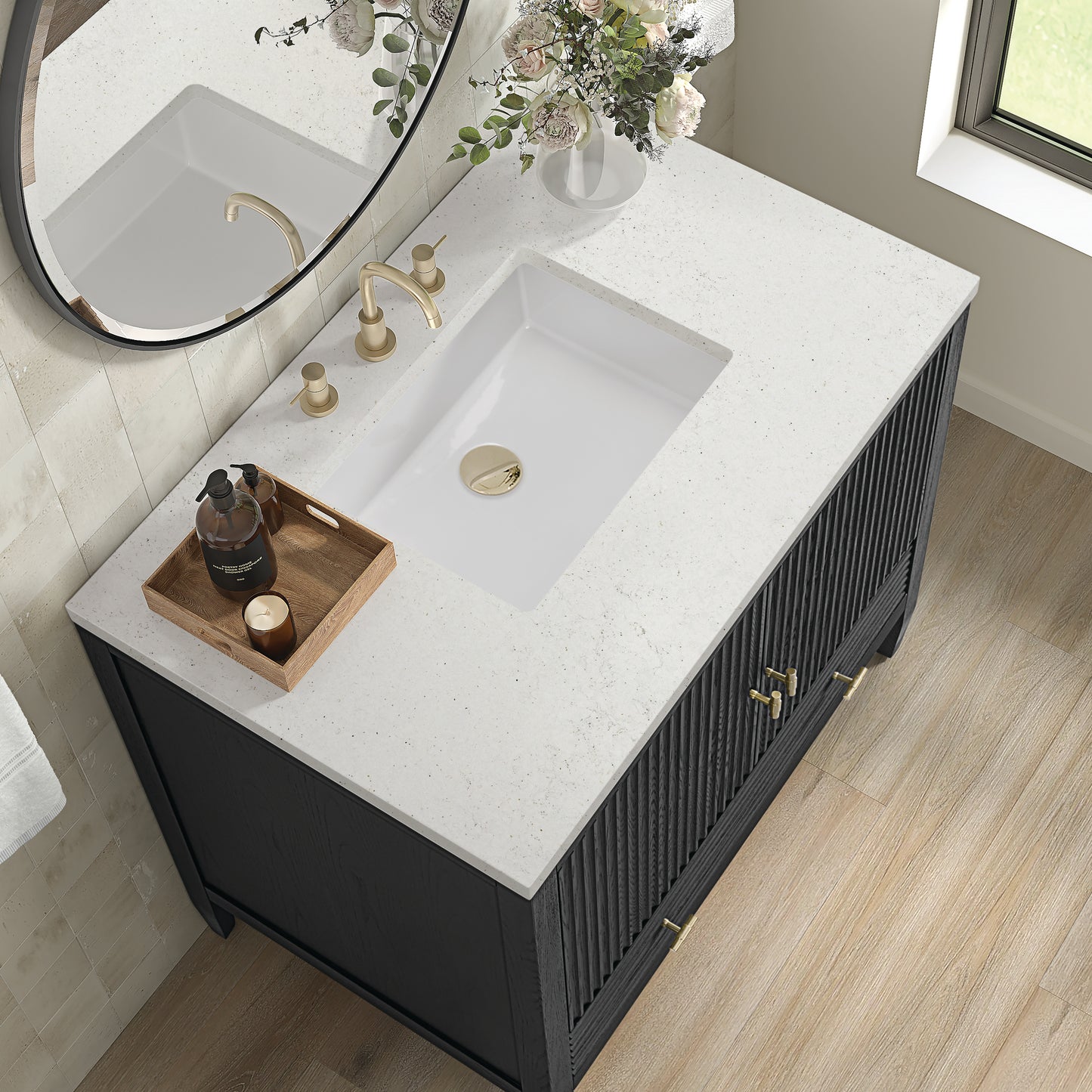 Renovate for Less Atlanta Myrrin 36" Vanity, Carbon Oak w/ 3 CM Lime Delight Silestone Top
