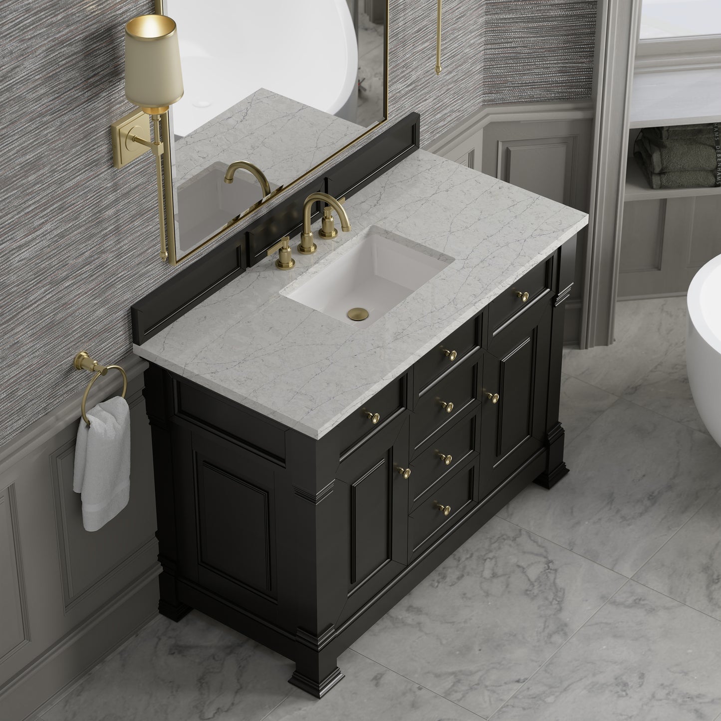 Renovate for Less Atlanta Brookfield 48" Single Vanity, Black Onyx w/ 3 CM Eternal Jasmine Pearl Silestone Top w/ FreePower Wireless Charger