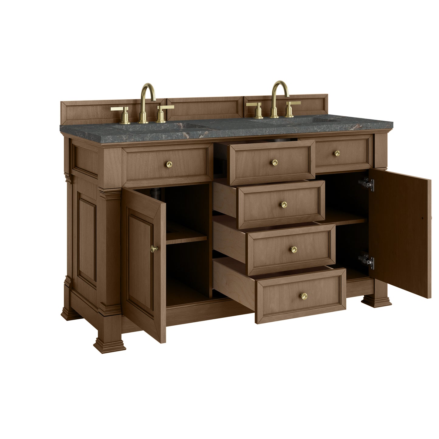 Renovate for Less Atlanta Brookfield 60" Double Vanity, Pecan w/ 3 CM Parisien Bleu Silestone Top w/FreePower Wireless Charger