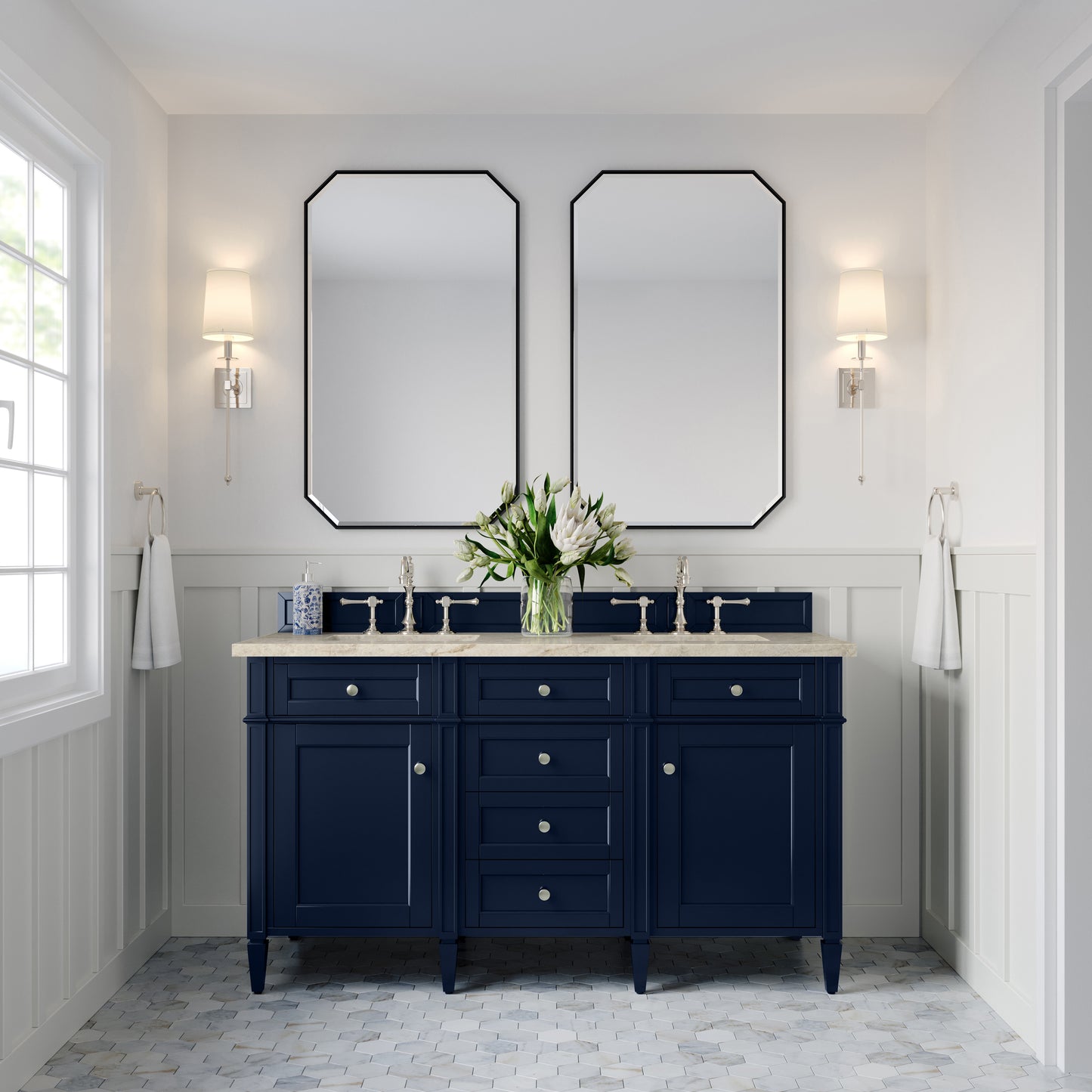 Renovate for Less Atlanta Brittany 60" Double Vanity, Victory Blue, w/ 3 CM Tajnar Eclos Top w/FreePower Wireless Charger