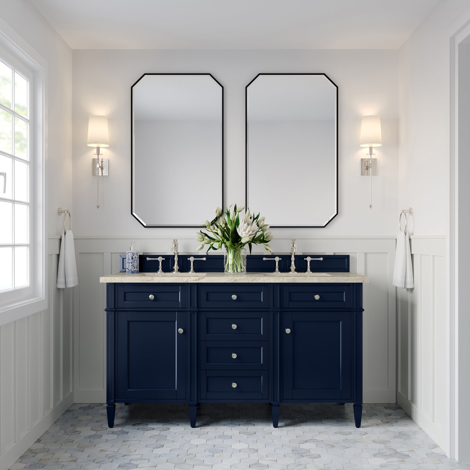 Renovate for Less Atlanta Brittany 60" Double Vanity, Victory Blue, w/ 3 CM Tajnar Eclos Top w/FreePower Wireless Charger