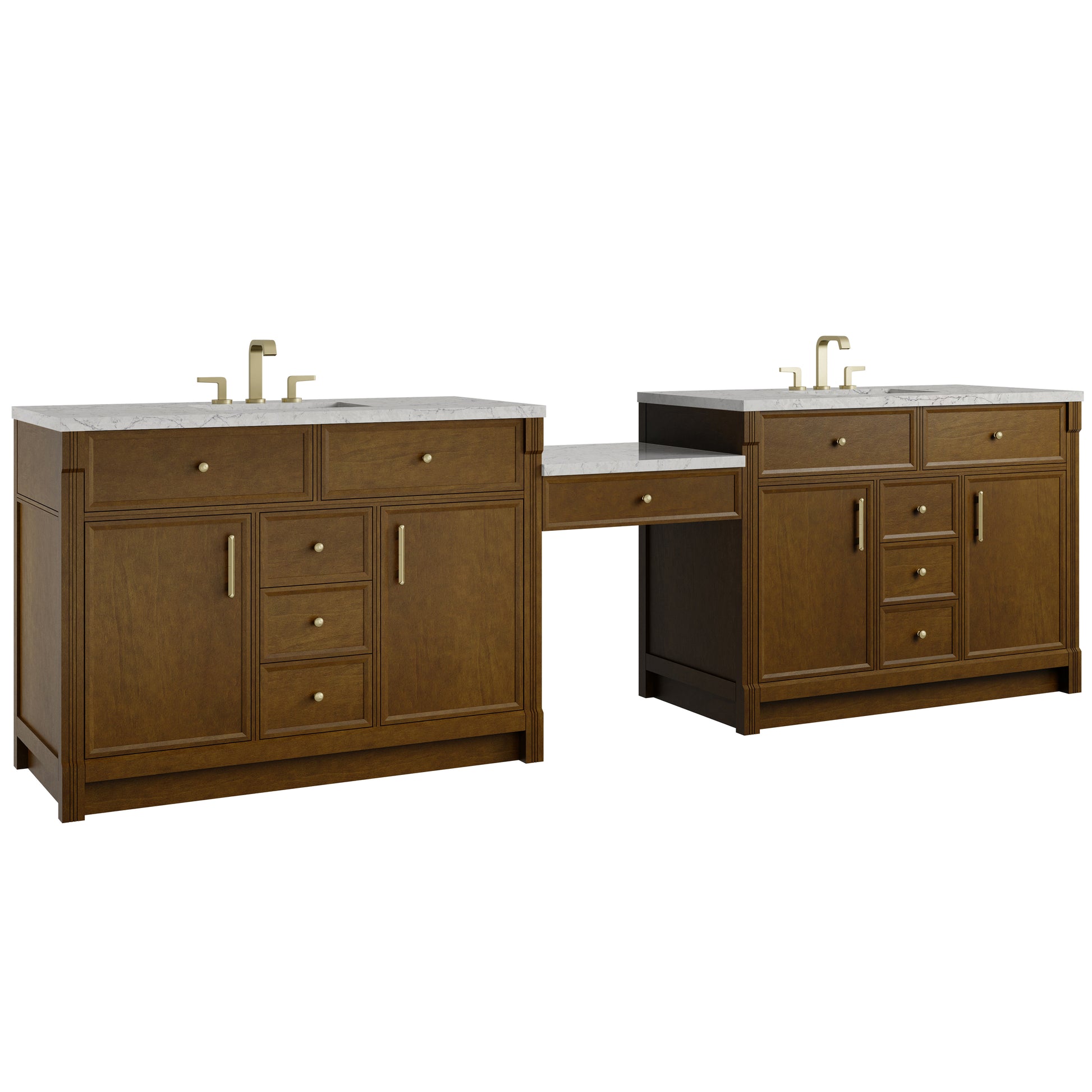 Renovate for Less Atlanta Bellshire 120" Dual Vanity Set with 24" Make-Up Counter, Honey Oak w/3 cm Eternal Jasmine Pearl Silestone Top w/FreePower Wireless Charger
