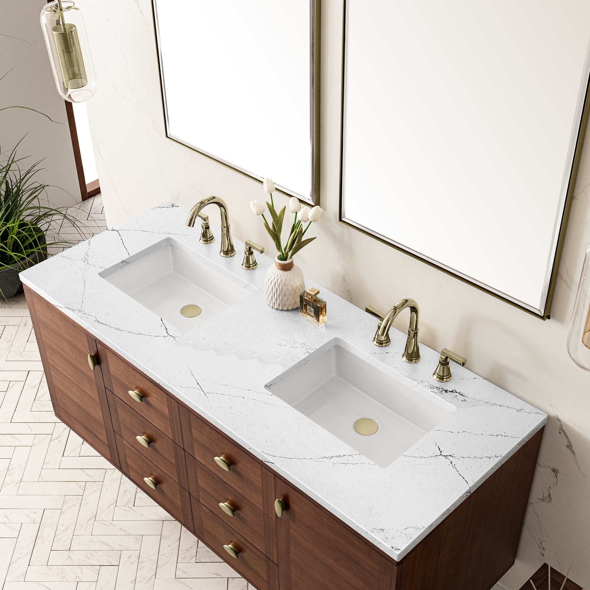 Renovate for Less Atlanta Amberly 60" Double Vanity, Mid-Century Walnut w/ 3 CM Ethereal Noctis Top