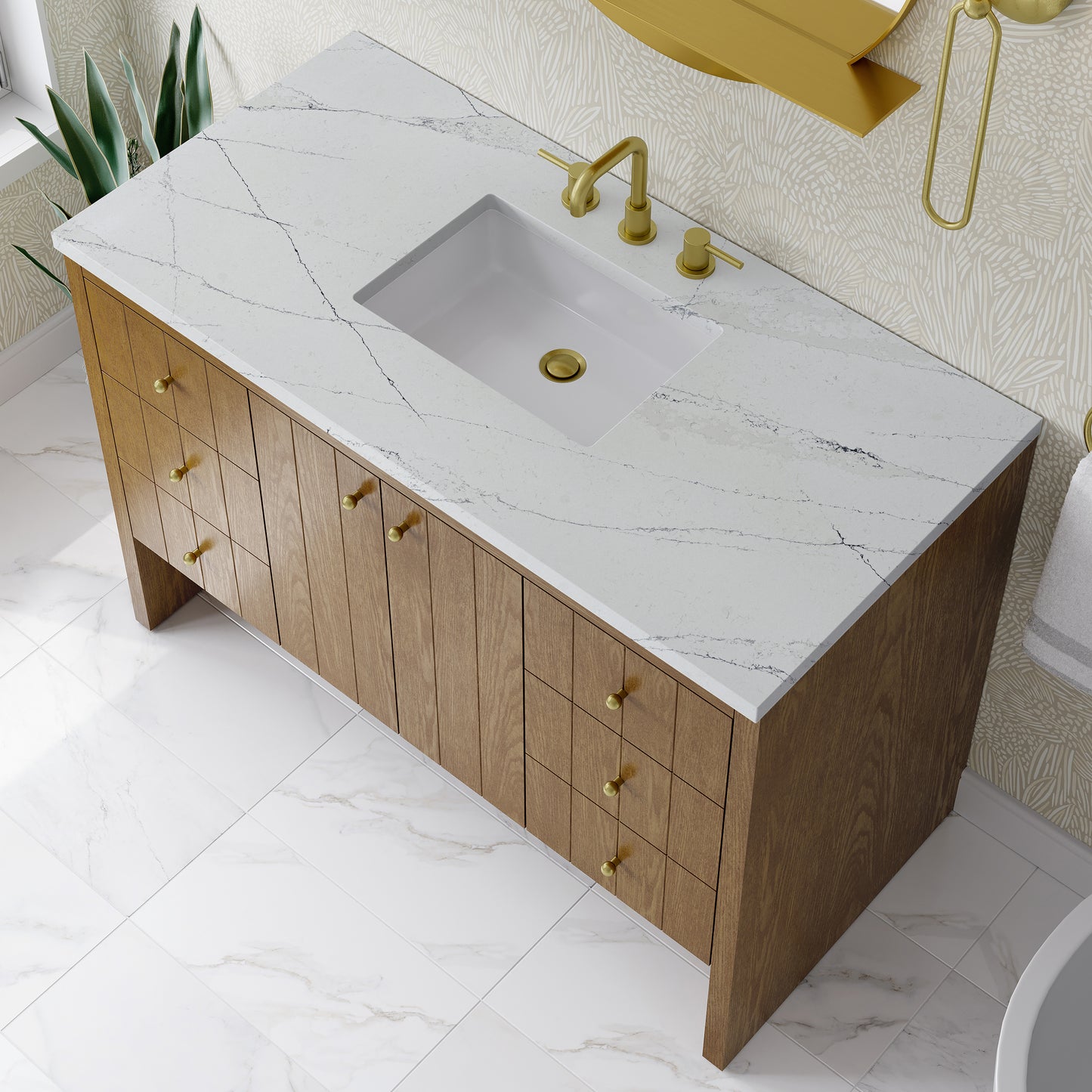 Renovate for Less Atlanta Hudson 48" Single Vanity, Honey Oak w/ 3 CM Ethereal Noctis Silestone Top