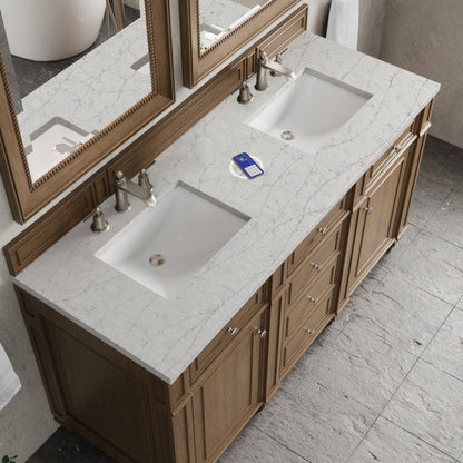 Renovate for Less Atlanta Bristol 60" Double Vanity, Saddle Brown w/ 3 CM Eternal Jasmine Pearl Silestone Top w/FreePower Wireless Charger