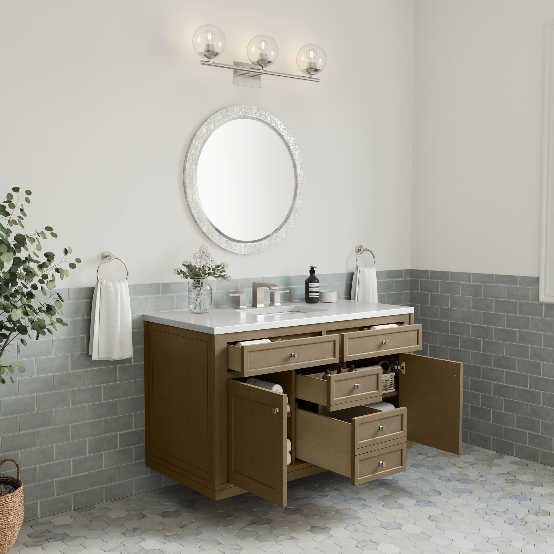 Renovate for Less Atlanta Chicago 48" Single Vanity, Walnut Whisper, w/ 3 CM White Zeus Silestone® Top