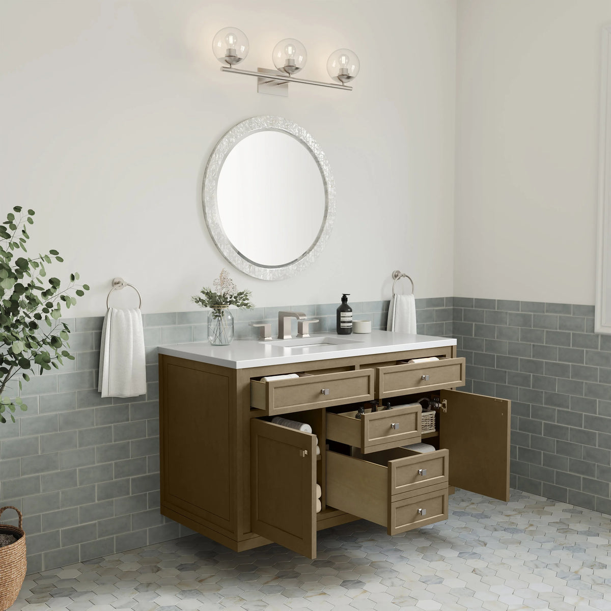 Chicago 48" Single Vanity, Walnut Whisper, w/ 3 CM White Zeus Silestone® Top